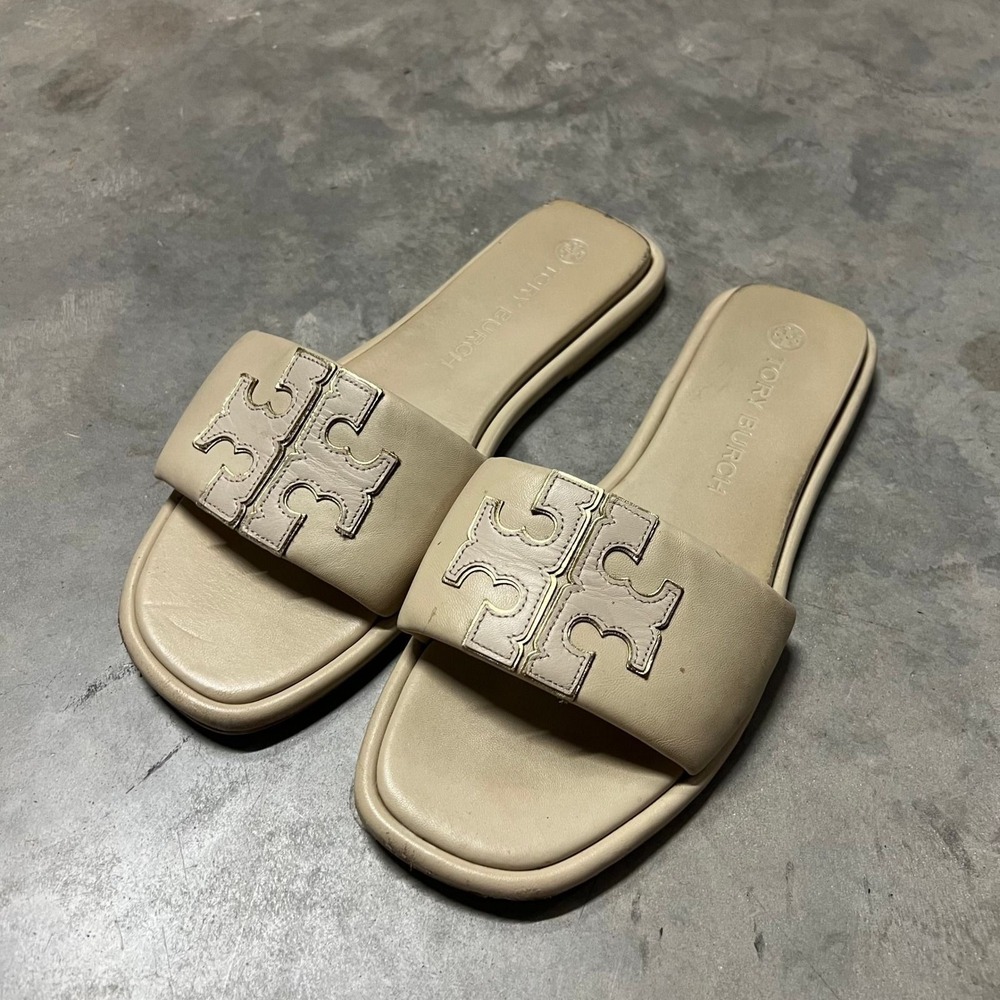 Tory Burch Ines Slide Beige Leather Flat Sandals Double T Logo 79985 Womens 12M